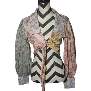 Free People M Patchwork Floral Print Tie Front Blouse